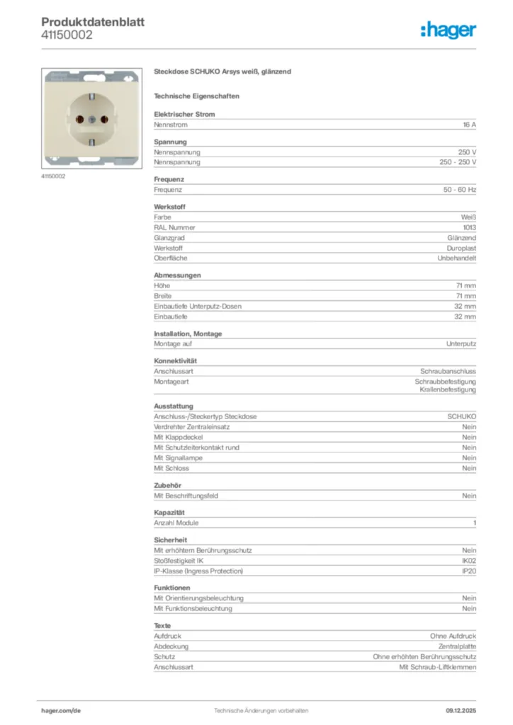 Bild Hager Produktdatenblatt 41150002 | Hager Deutschland