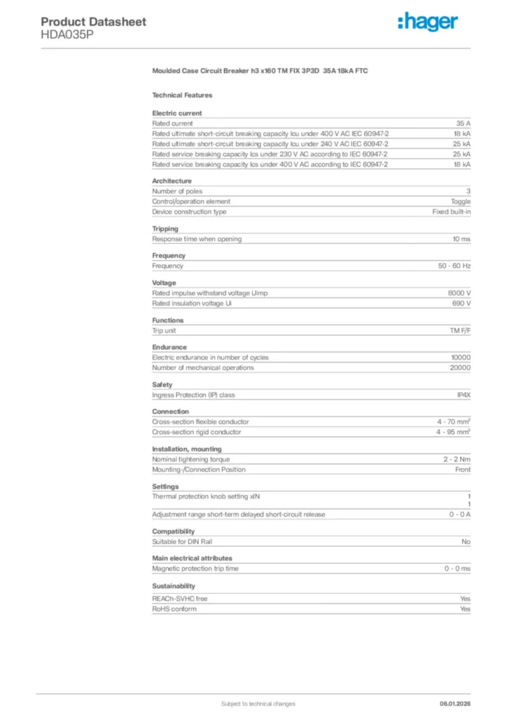 Image Hager Product data sheet HDA035P  | Hager