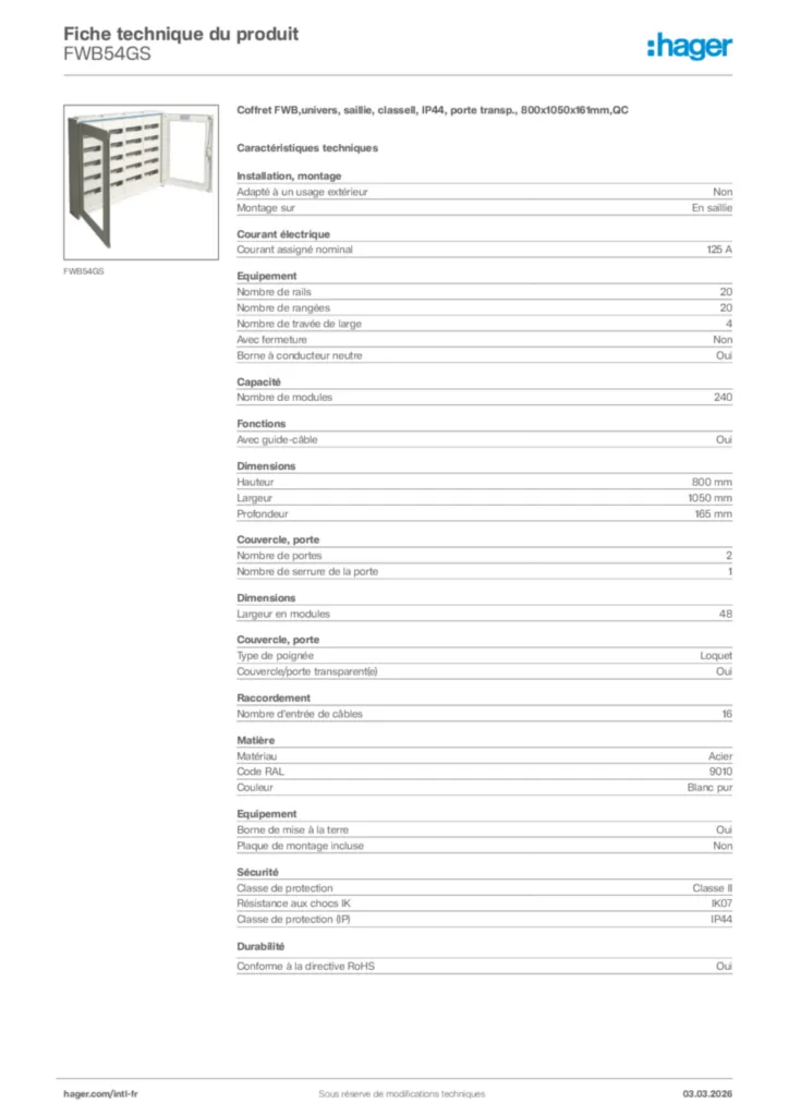 Image Hager Fiche technique du produit FWB54GS | Hager Afrique