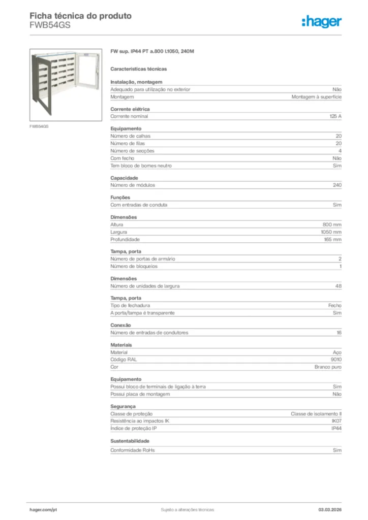 Imagem Hager Ficha técnica do produto FWB54GS | Hager Portugal
