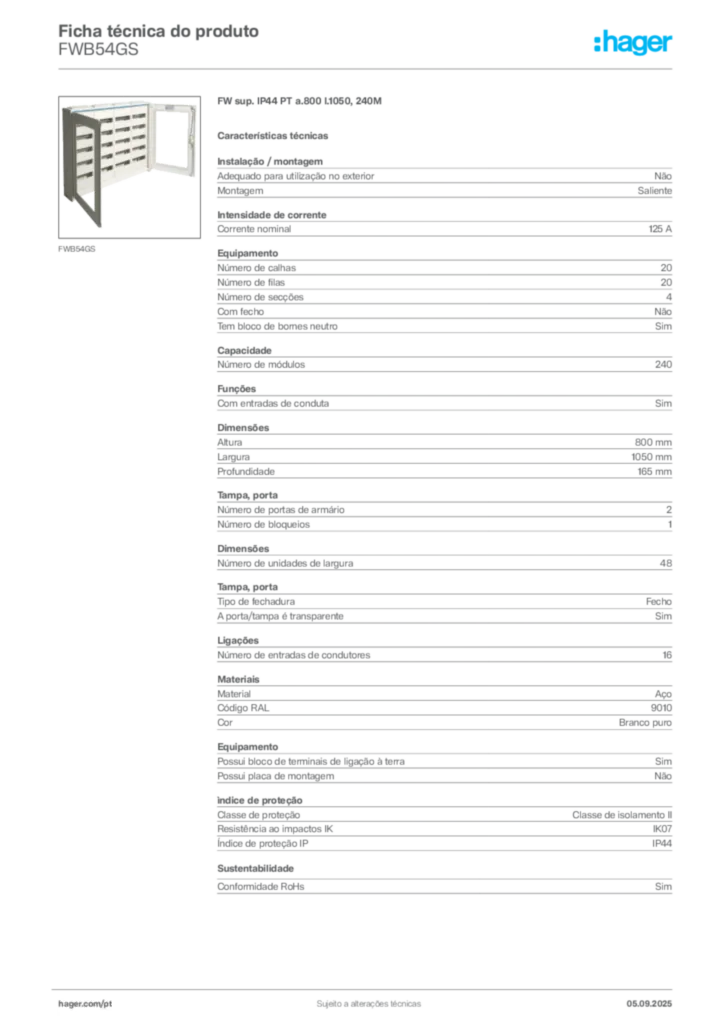 Imagem Hager Ficha técnica do produto FWB54GS | Hager Portugal