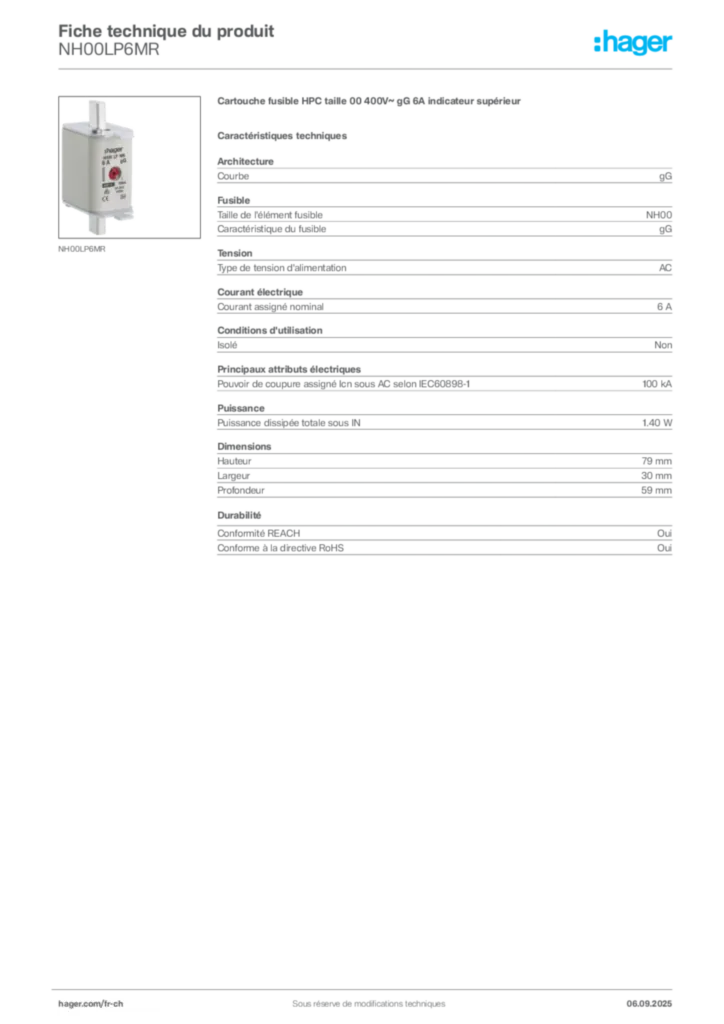 Image Hager Fiche technique du produit NH00LP6MR | Hager Suisse