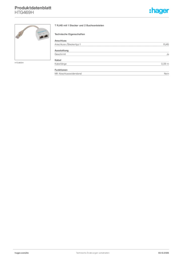 Bild Hager Produktdatenblatt HTG469H | Hager Deutschland