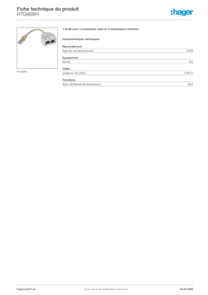Image Hager Fiche technique du produit HTG469H | Hager Suisse