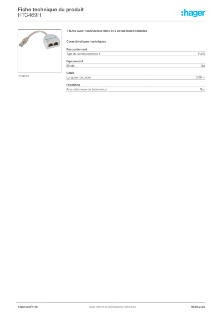 Image Hager Fiche technique du produit HTG469H | Hager Suisse