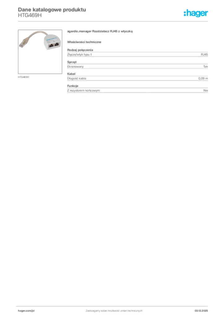 Zdjęcie Hager Dane katalogowe produktu HTG469H | Hager Polska
