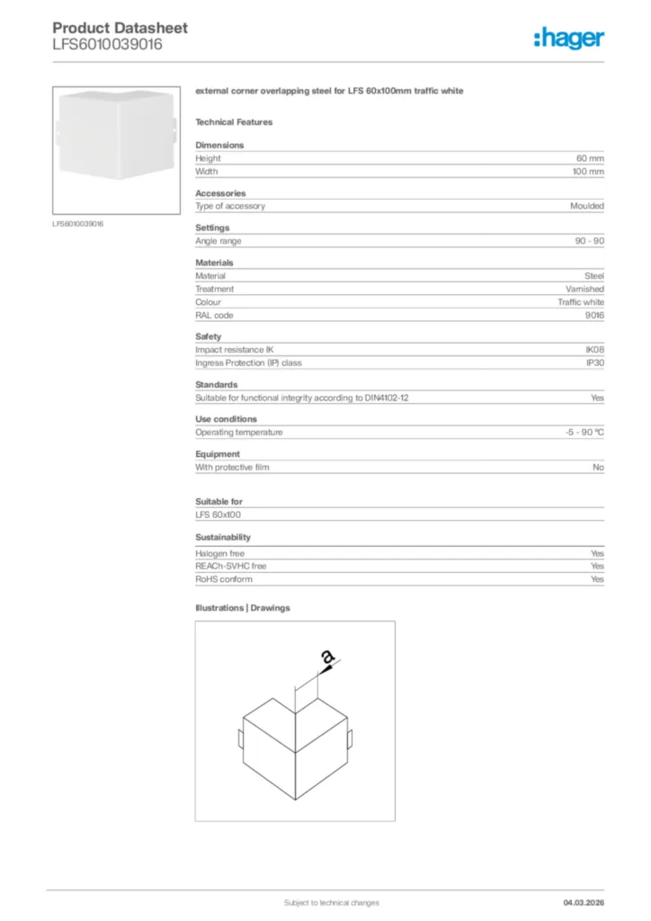 Image Hager Product data sheet LFS6010039016  | Hager Africa