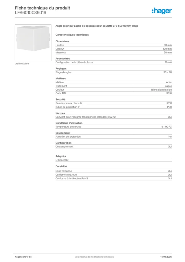 Image Hager Fiche technique du produit LFS6010039016 | Hager Belgique