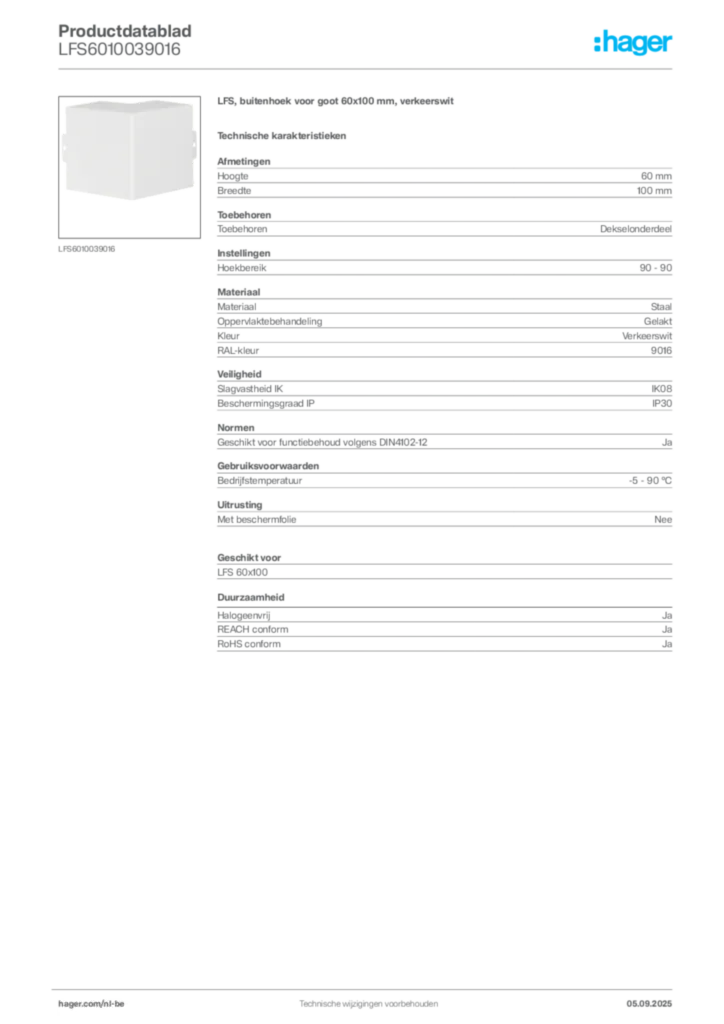 Afbeelding Hager Productdatablad LFS6010039016 | Hager Belgium