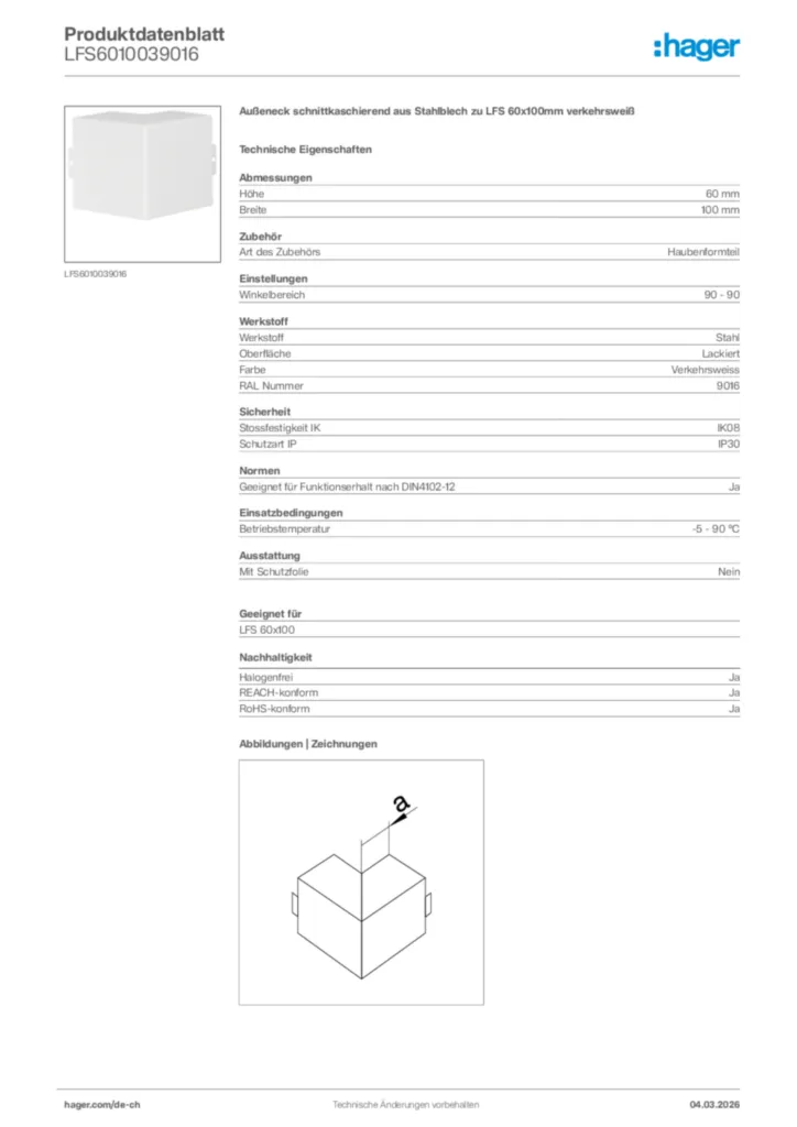 Bild Hager Produktdatenblatt LFS6010039016 | Hager Schweiz