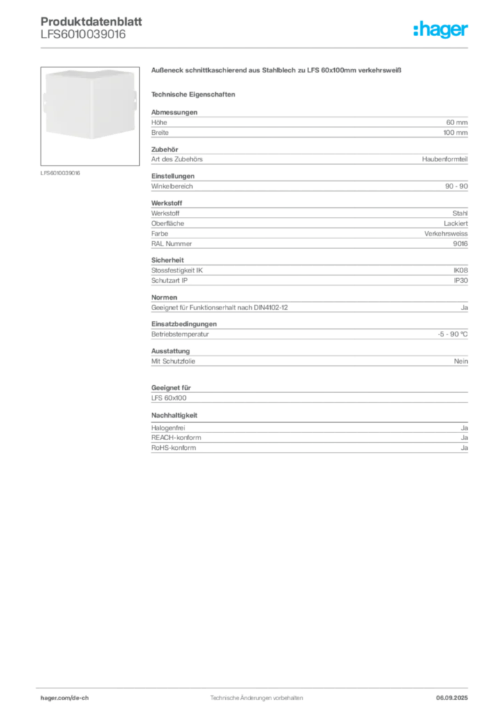 Bild Hager Produktdatenblatt LFS6010039016 | Hager Schweiz