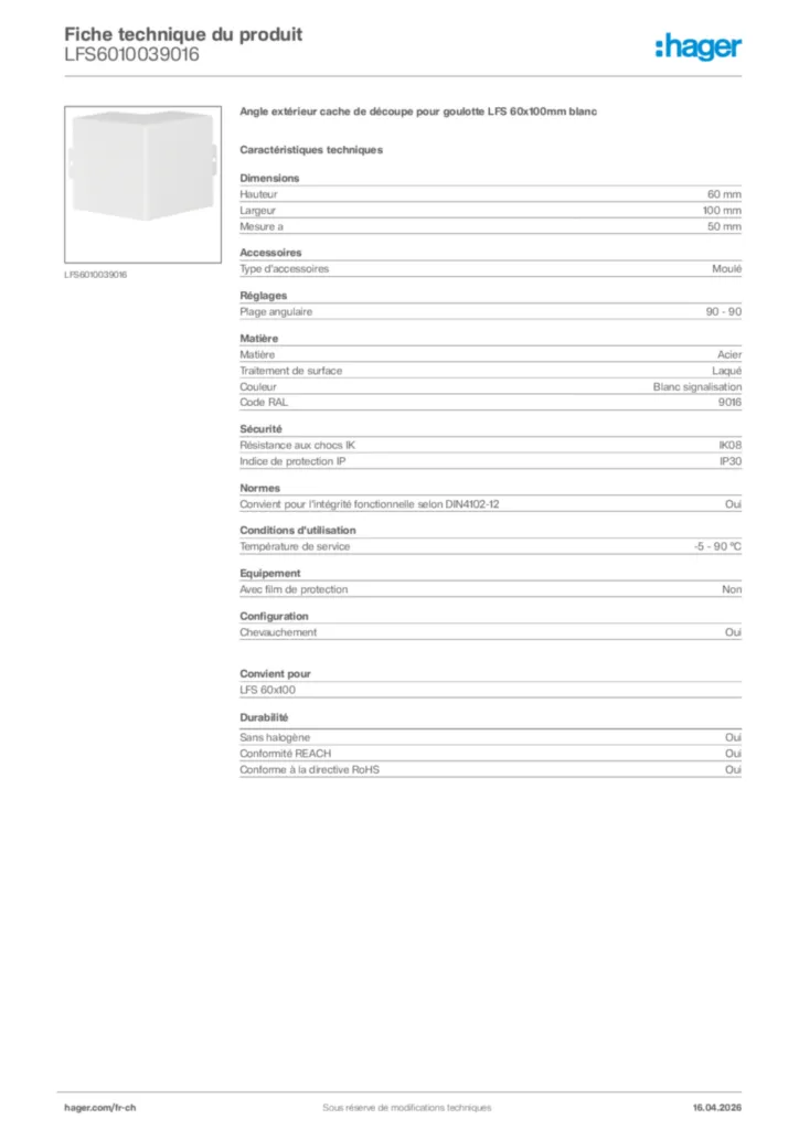 Image Hager Fiche technique du produit LFS6010039016 | Hager Suisse