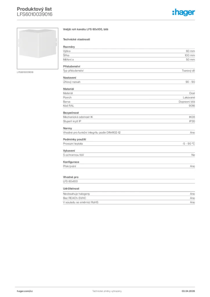 Obrázek Hager Product data sheet LFS6010039016 | Hager