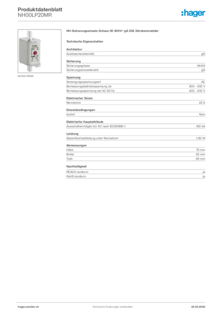 Bild Hager Produktdatenblatt NH00LP20MR | Hager Schweiz