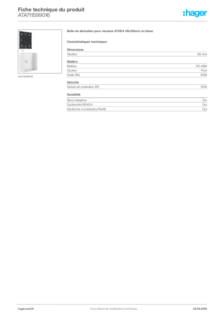Image Hager Fiche technique du produit ATA711599016 | Hager France