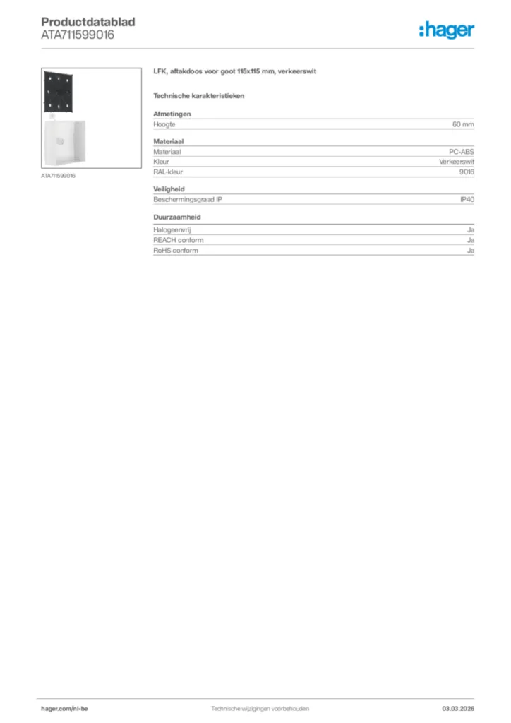Afbeelding Hager Productdatablad ATA711599016 | Hager Belgium