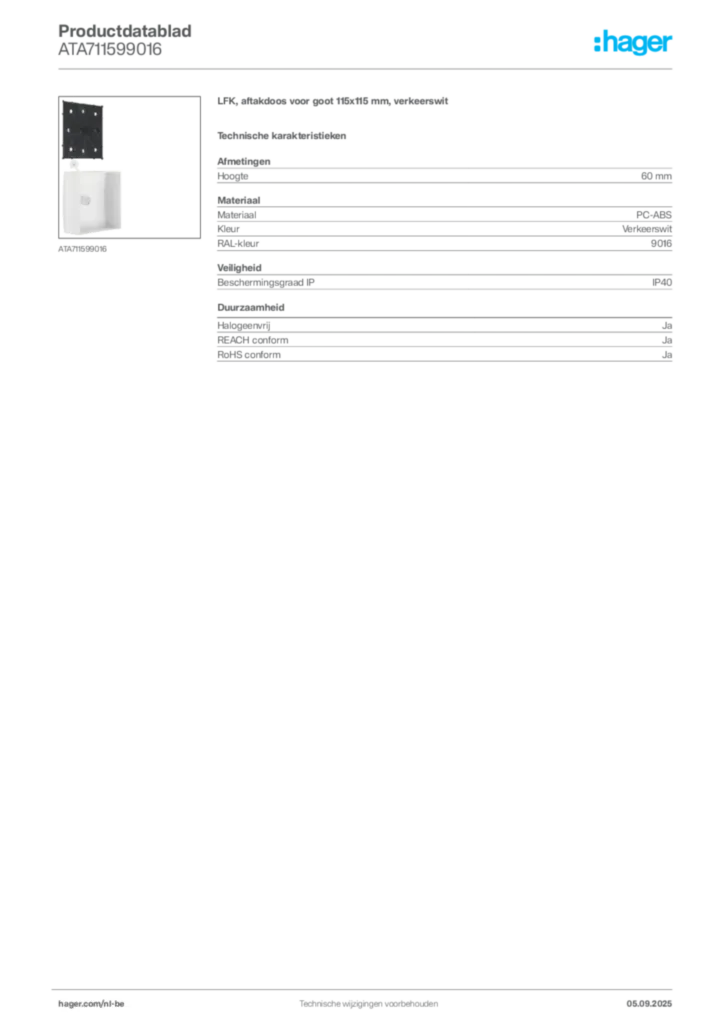 Afbeelding Hager Productdatablad ATA711599016 | Hager Belgium