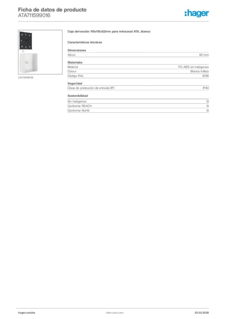 Imagen Hager Ficha de datos de producto ATA711599016 | Hager España