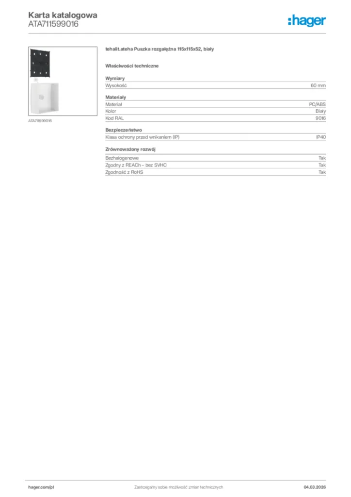 Zdjęcie Hager Karta katalogowa ATA711599016 | Hager Polska