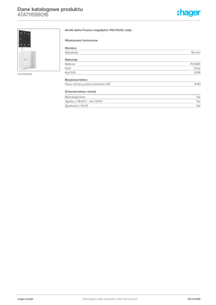 Zdjęcie Hager Dane katalogowe produktu ATA711599016 | Hager Polska