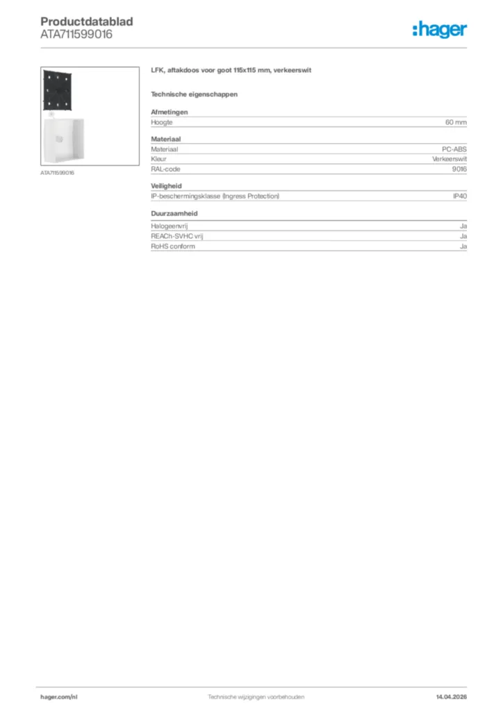 Afbeelding Hager Productdatablad ATA711599016 | Hager Nederland