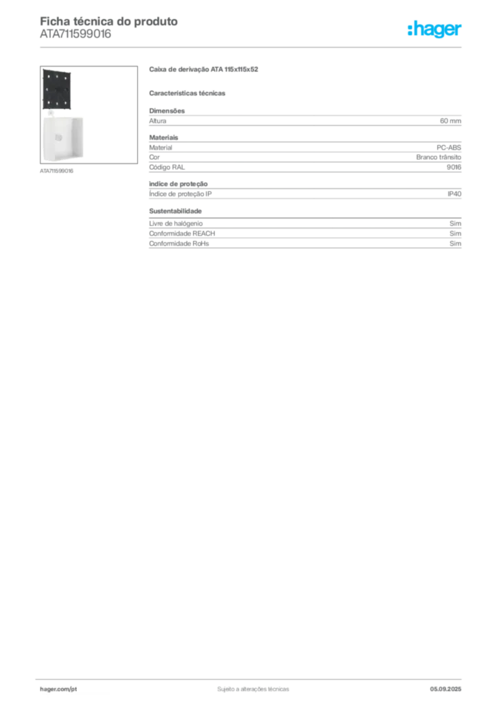 Imagem Hager Ficha técnica do produto ATA711599016 | Hager Portugal