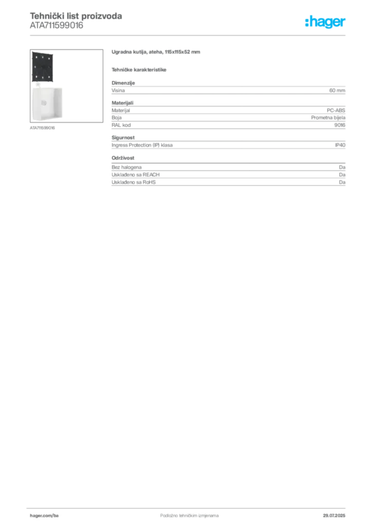 Slika Hager Product data sheet ATA711599016  | Hager