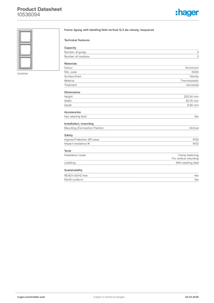 Image Hager Product data sheet 10536094  | Hager