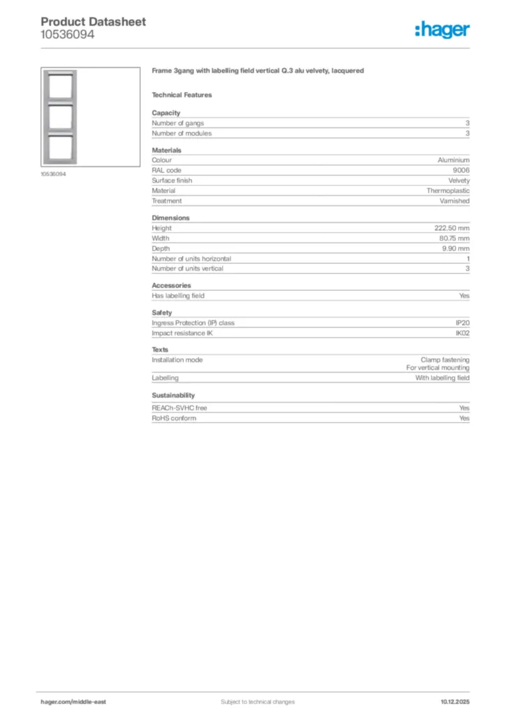 Image Hager Product data sheet 10536094  | Hager