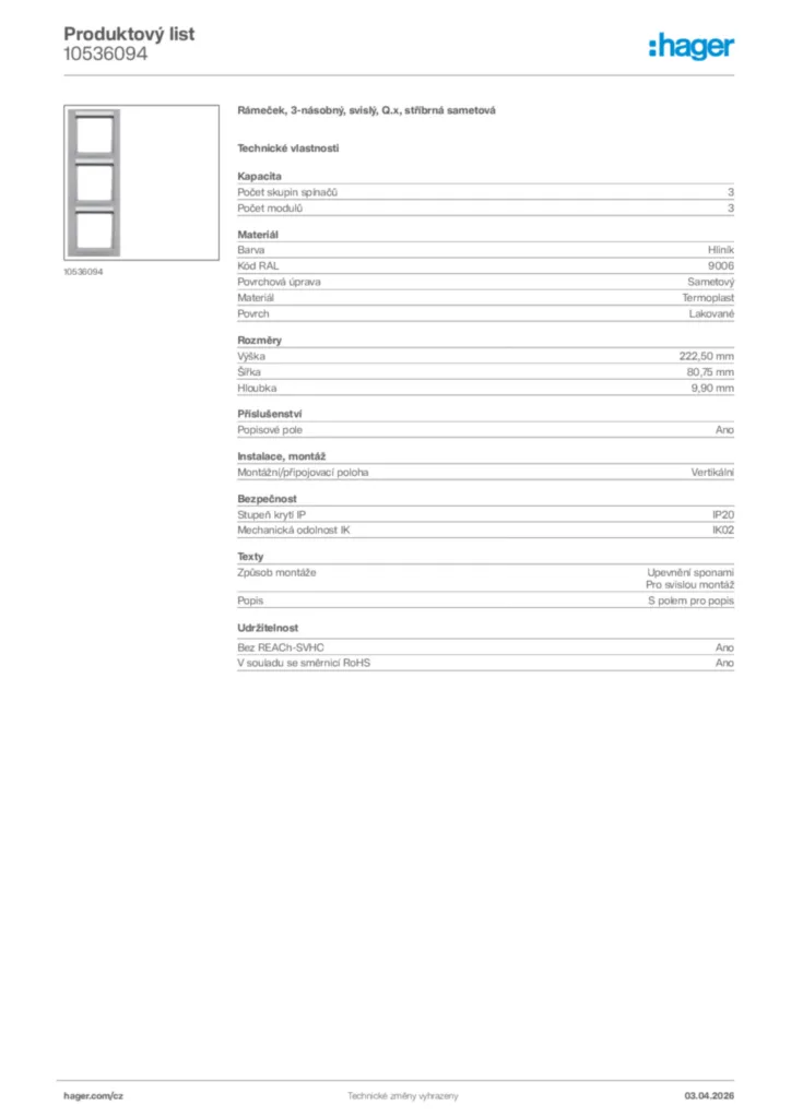 Obrázek Hager Product data sheet 10536094 | Hager