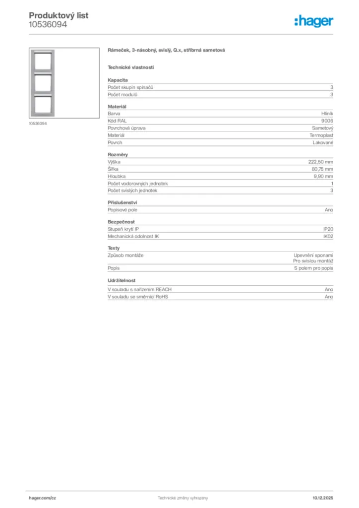Obrázek Hager Produktový list 10536094 | Hager
