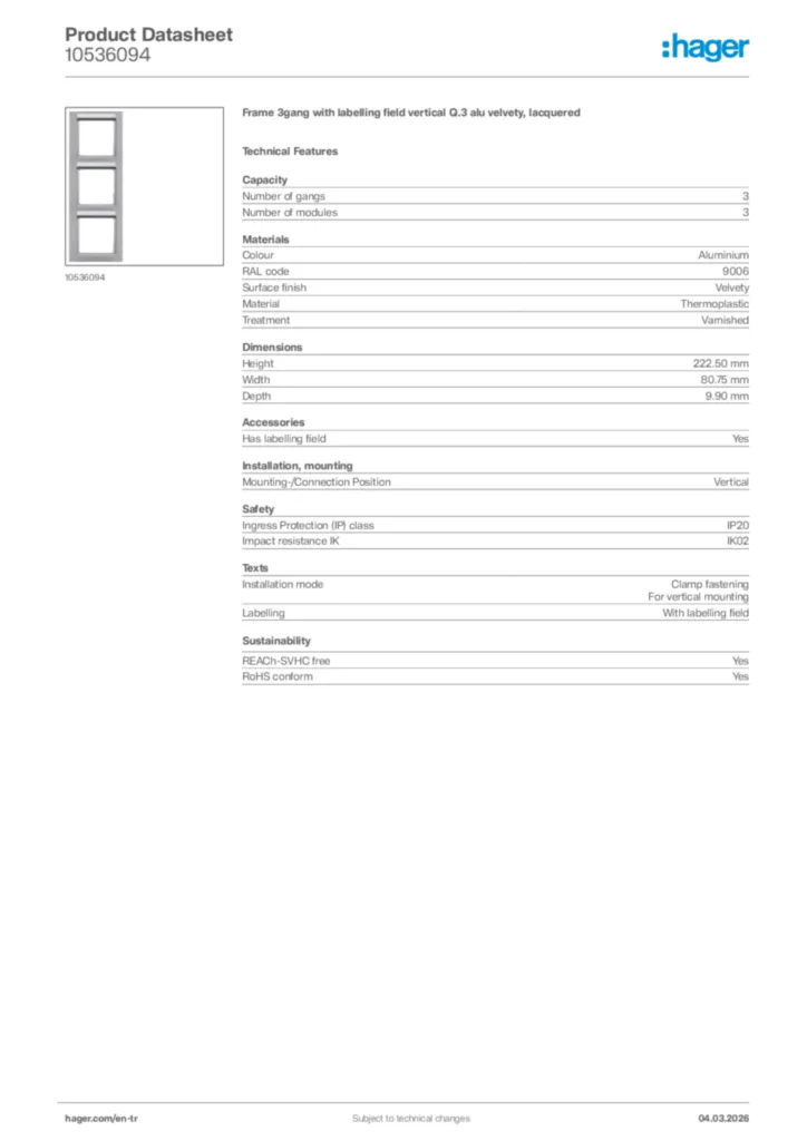 Image Hager Product data sheet 10536094  | Hager