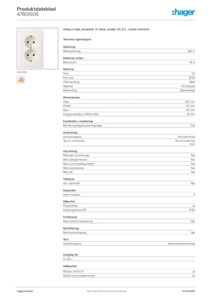 Bild Hager Produktdatablad 47601909 | Hager Sverige
