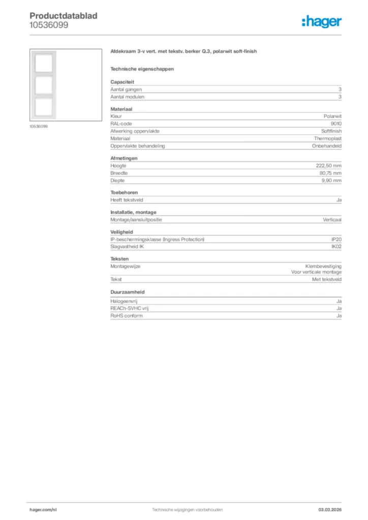 Afbeelding Hager Productdatablad 10536099 | Hager Nederland