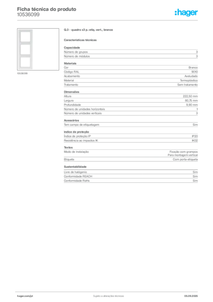 Imagem Hager Ficha técnica do produto 10536099 | Hager Portugal