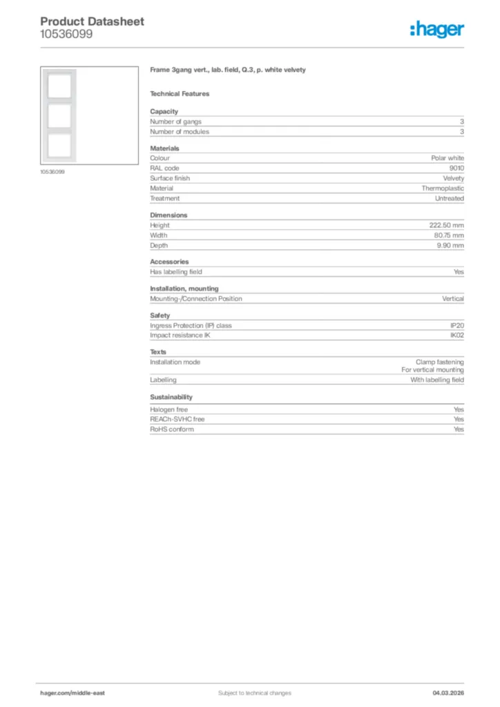 Image Hager Product data sheet 10536099  | Hager