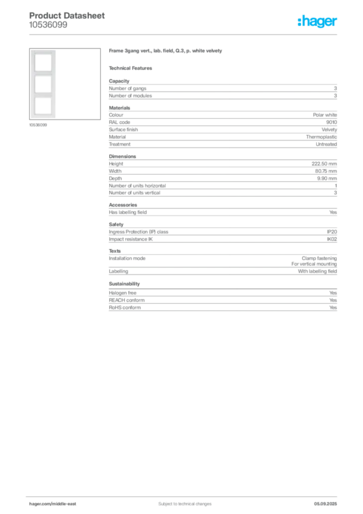 Image Hager Product data sheet 10536099  | Hager