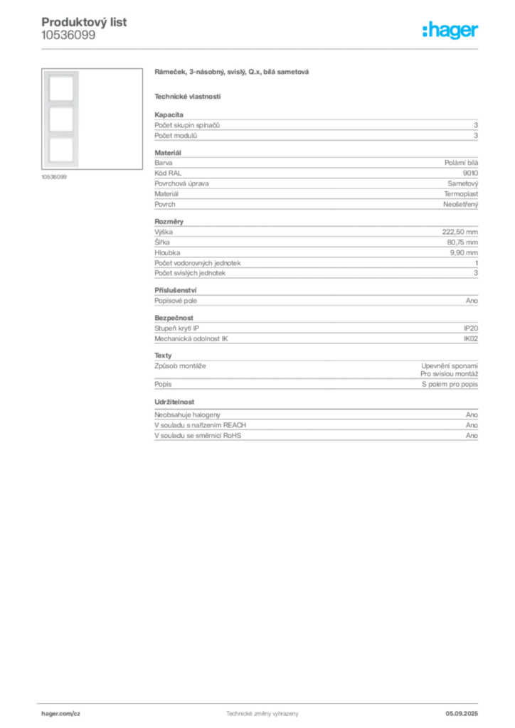 Obrázek Hager Produktový list 10536099 | Hager