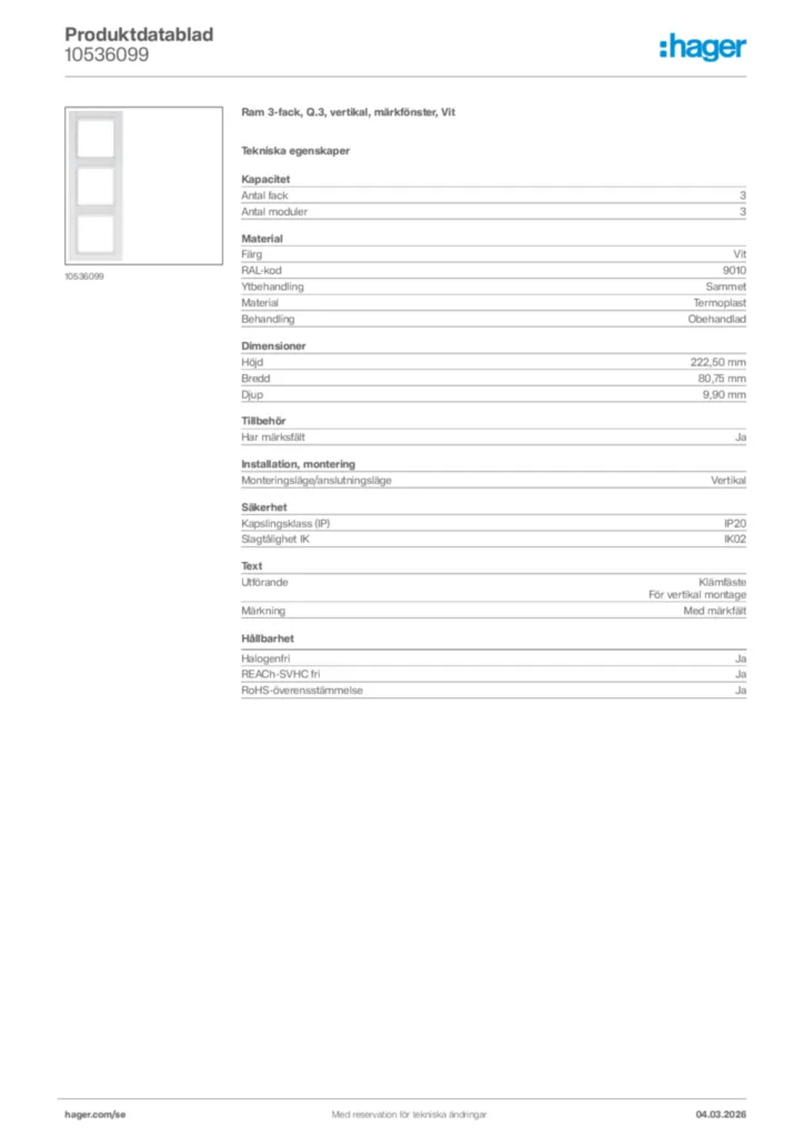 Bild Hager Produktdatablad 10536099 | Hager Sverige