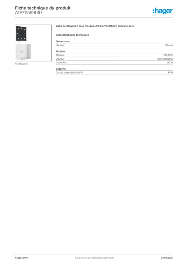 Image Hager Fiche technique du produit ATA711599010 | Hager France