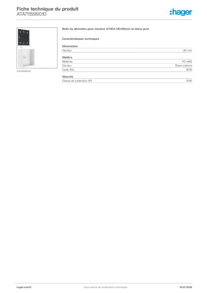 Image Hager Fiche technique du produit ATA711599010 | Hager France