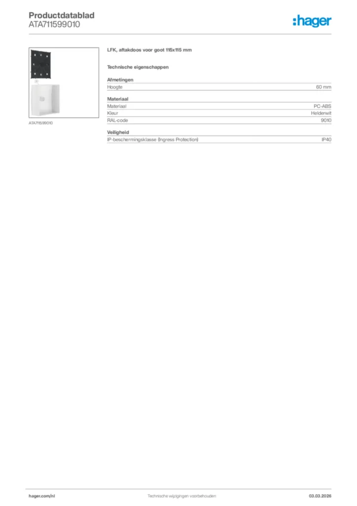 Afbeelding Hager Productdatablad ATA711599010 | Hager Nederland