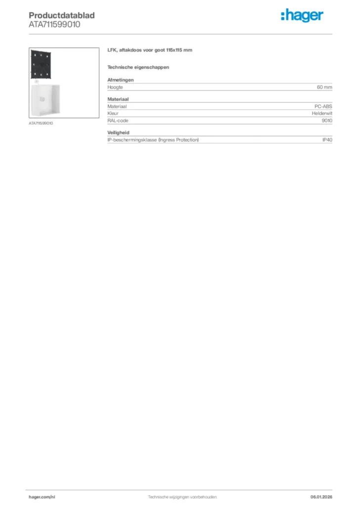 Afbeelding Hager Productdatablad ATA711599010 | Hager Nederland