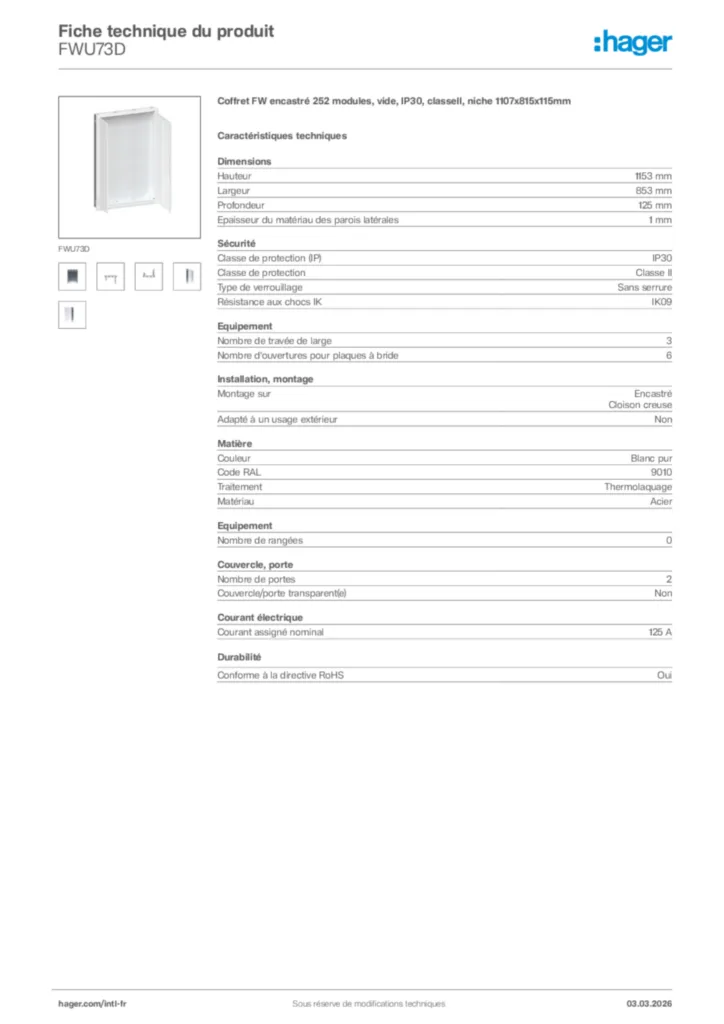 Image Hager Fiche technique du produit FWU73D | Hager Afrique