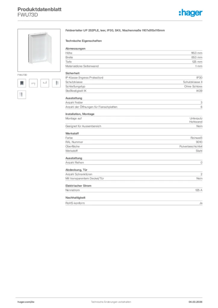 Bild Hager Produktdatenblatt FWU73D | Hager Deutschland