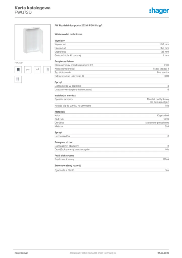 Zdjęcie Hager Karta katalogowa FWU73D | Hager Polska