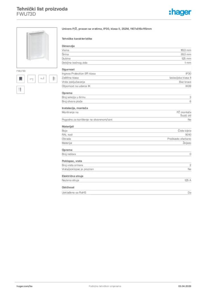 Slika Hager Tehnički list proizvoda FWU73D  | Hager