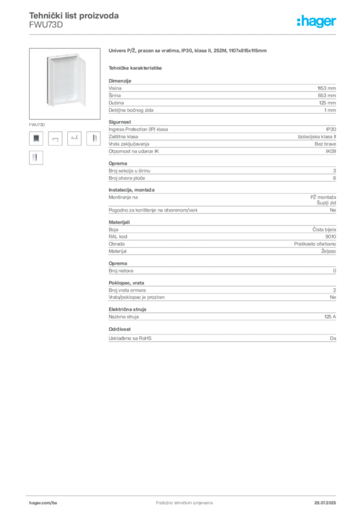Slika Hager Product data sheet FWU73D  | Hager