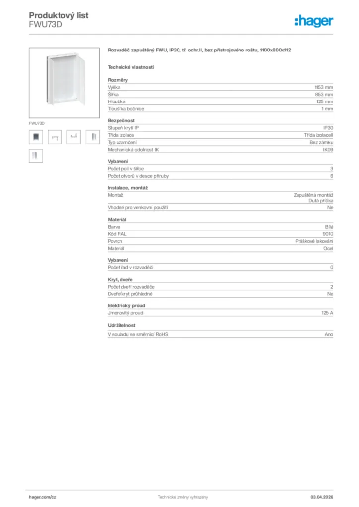 Obrázek Hager Product data sheet FWU73D | Hager