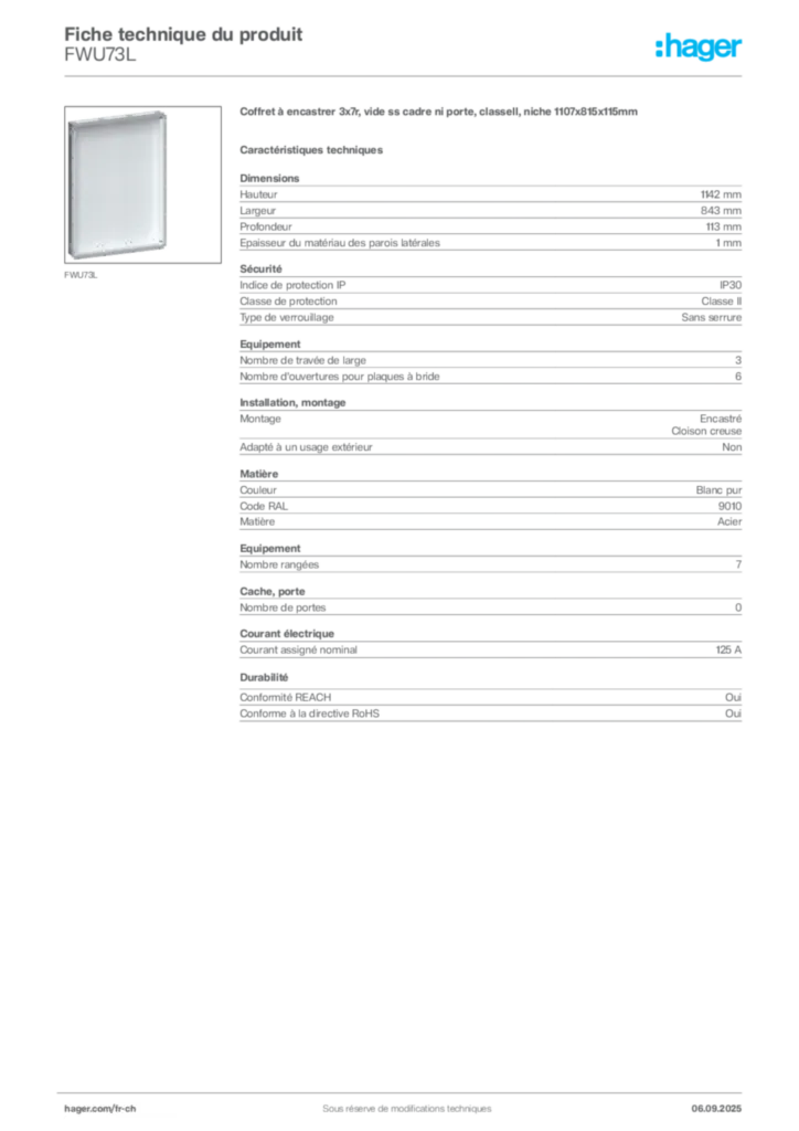 Image Hager Fiche technique du produit FWU73L | Hager Suisse